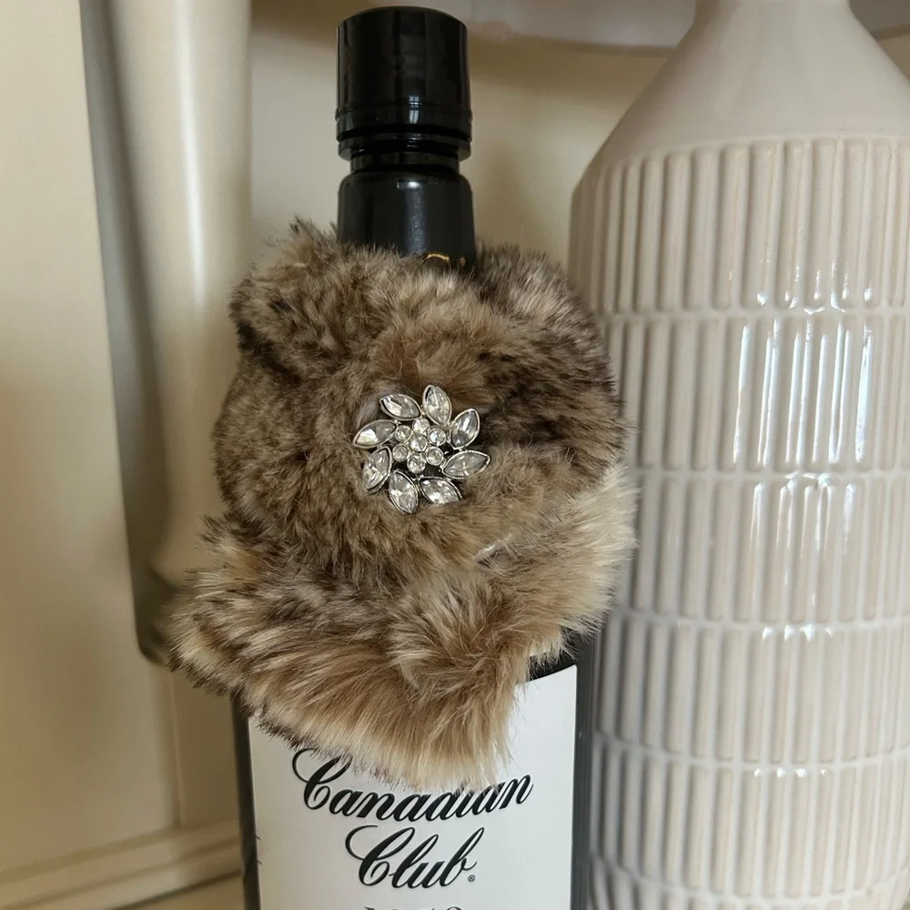 Pottery Barn Faux Fur Bottle Wrap With Sparkling Jewel